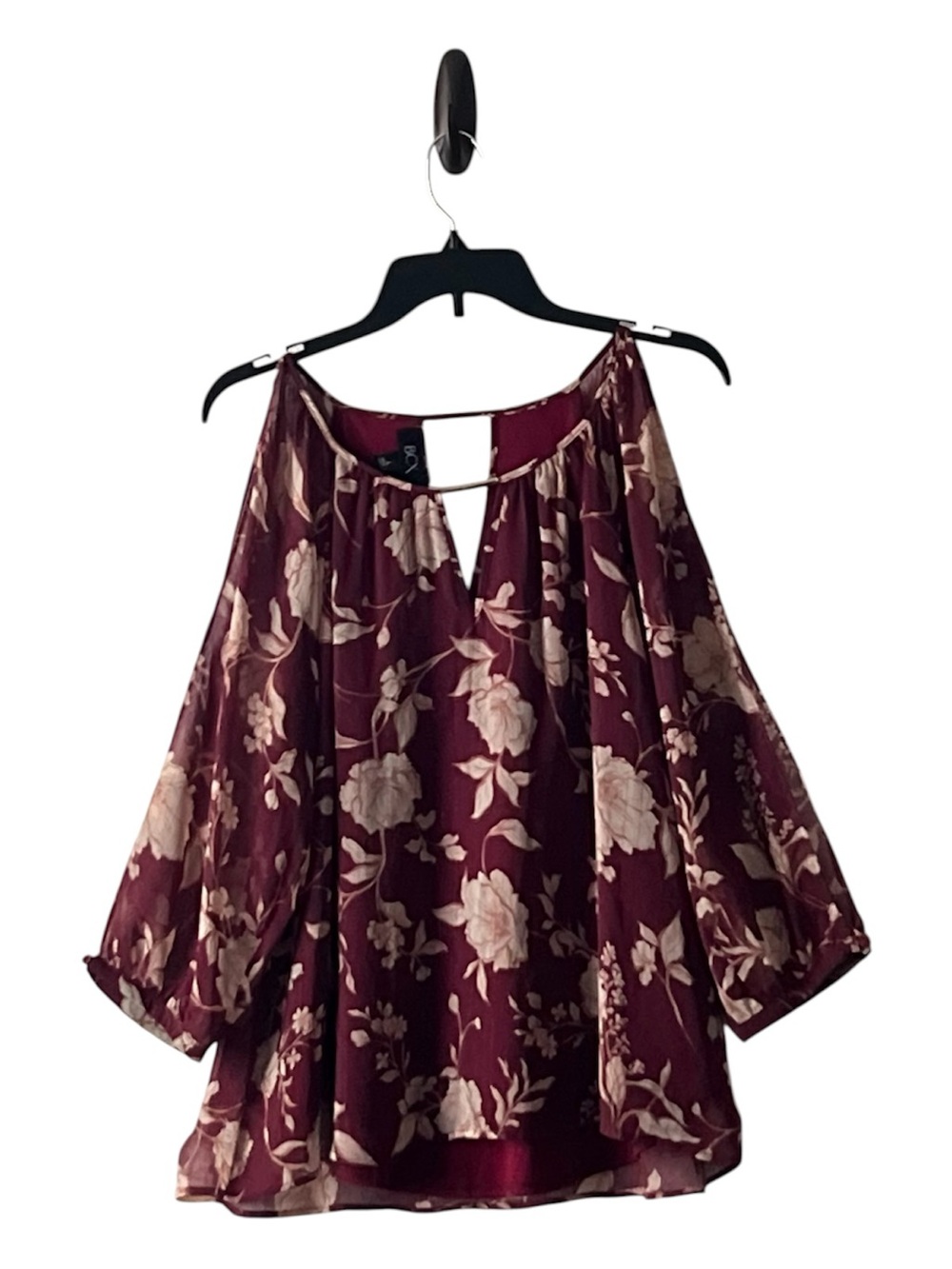 BCX Burgundy Floral Cold-Shoulder Blouse with Cream Flowers, Size L